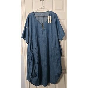 Minibee Womans New Plus Size 3X Midi Dress Shirt Sleeve Denim With Pockets.